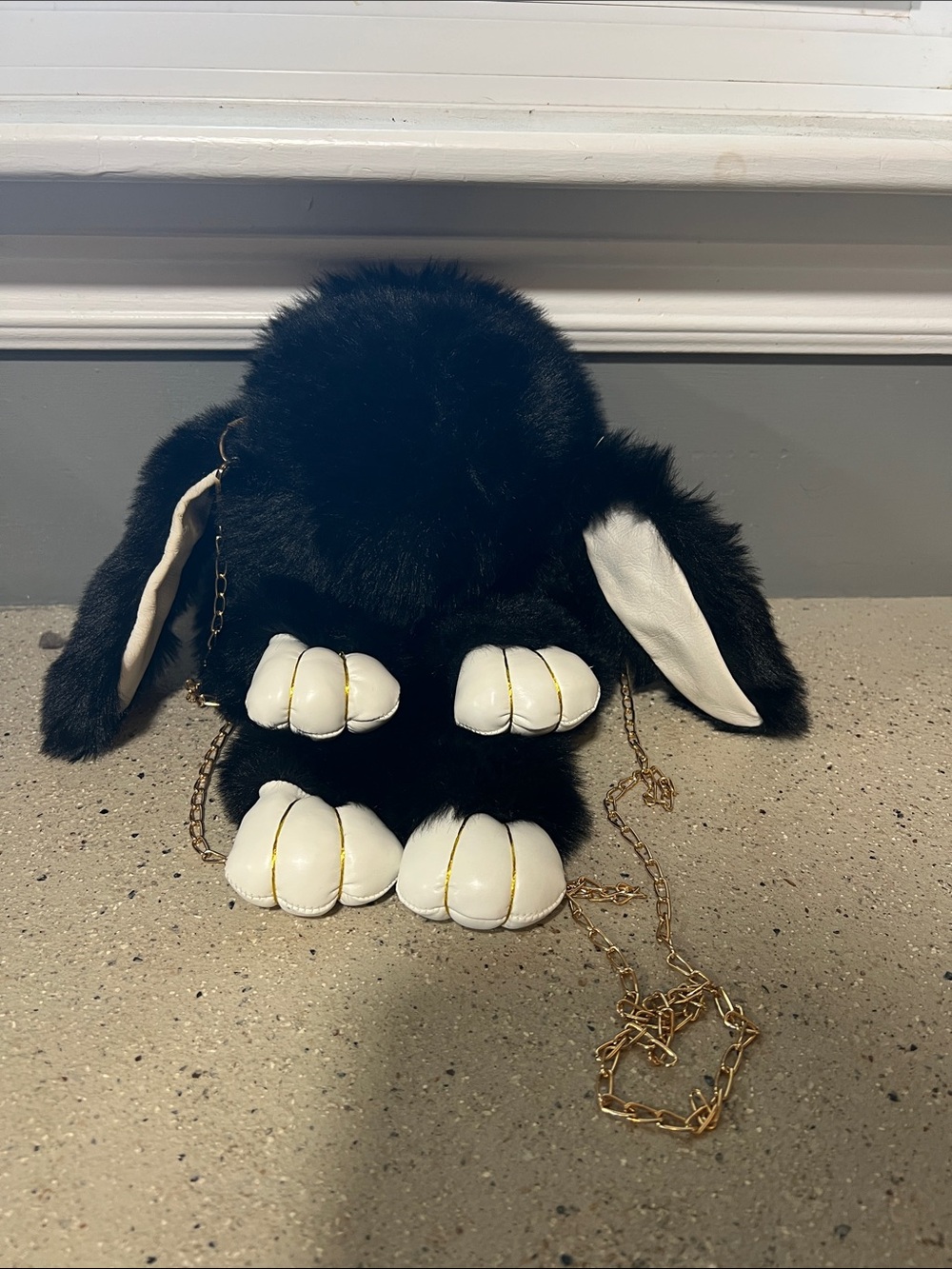 Plush Black Bunny Crossbody Bag with White Paw Details